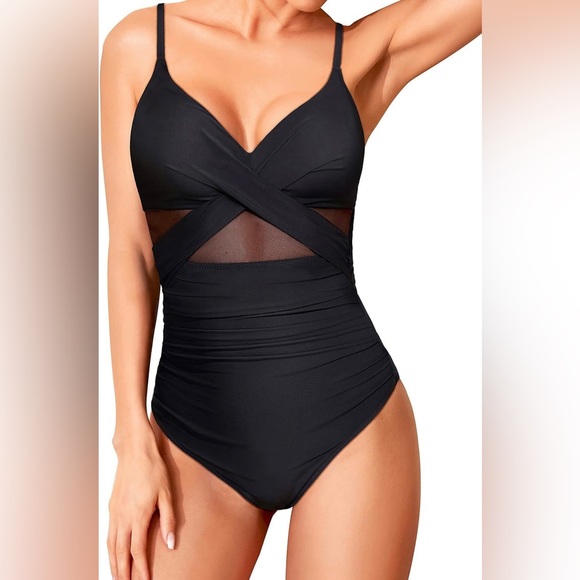 NWT Cutout Mesh Front Cross One Piece Swimsuit Size Small - Picture 3 of 8